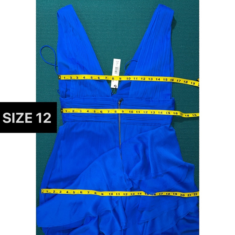 Alice + Olivia Holly Low Neck Asymmetric Ruffle Sapphire Blue Maxi Dress - Picture 10 of 12